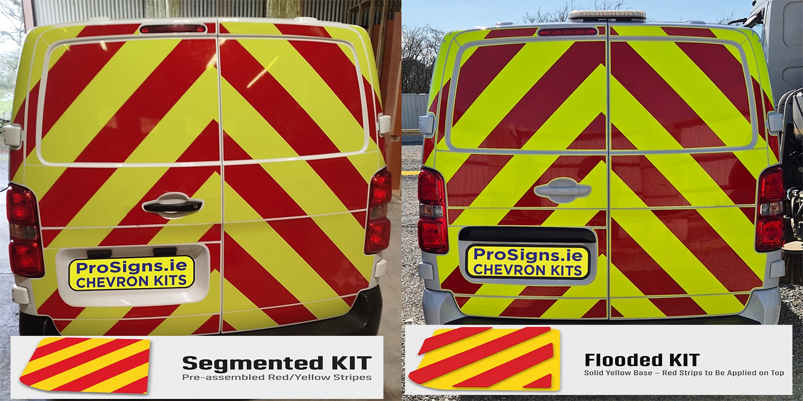 Side-by-side rear views of the same van showing segmented and flooded red and yellow chevron kit formats by ProSigns.ie.